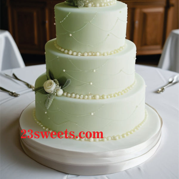 Wedding Cake with sage green details and pearls, wedding cakes, 3 tiers ridged wedding cake , 6 and 8 and 10" inch round tiers
