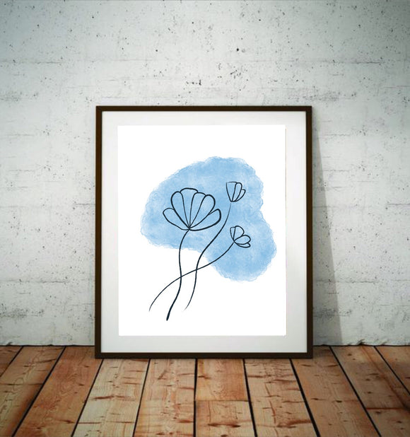 Blue floral line art digital art print downloadable instant file