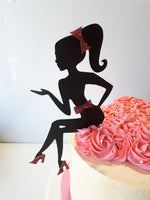 GIRL SILHOUETTE birthday cake 8 inch tall round, with CARDSTOCK FASHION TOPPER buttercream covered occasion cake