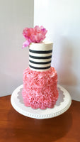 Rosette and striped cake,  birthday cake 6 inch and 4 inch tiers, buttercream covered occasion cake
