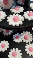DAISIES, ROYAL  pink centers, ICING DAISY FLOWERS for cakes, cupcakes or cookies, 1 dozen.