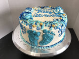 CAKE Blue floral footprint baby themed 8 inch round, buttercream