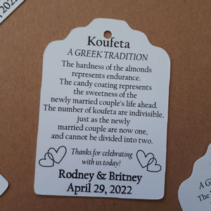 CUSTOM ORDER Koufeta GREEK WEDDING FAVOURS TAGS, set of 25 tags