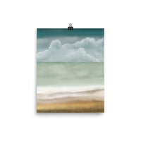 wall art print, original design, Poster, ocean beach front, sky, blue beige art print, muted colours, turquoise print art