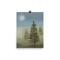 wall art print, original design, Poster, Foggy trees, forest, sky, sky, blue beige art print, muted colours, turquoise print art Poster
