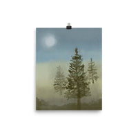 wall art print, original design, Poster, Foggy trees, forest, sky, sky, blue beige art print, muted colours, turquoise print art Poster