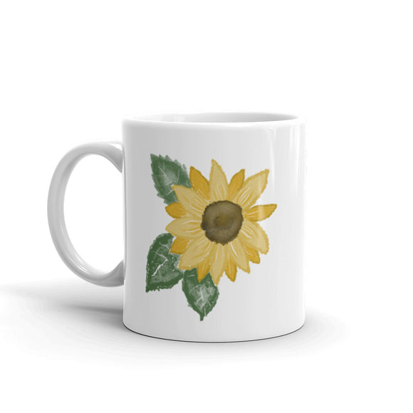 White glossy mug, sunflower design art