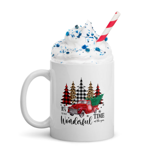 Cute CHRISTMAS TRUCK design White glossy mug, festive mug for morning coffee or hot chocolate