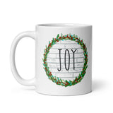 MUG, JOY WREATH, White glossy mug, Christmas CUP,  Holiday mug, cheery mug gift idea for family mugs