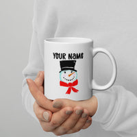 Mug, Custom Name cute SNOWMAN design White glossy mug, personalized with your name