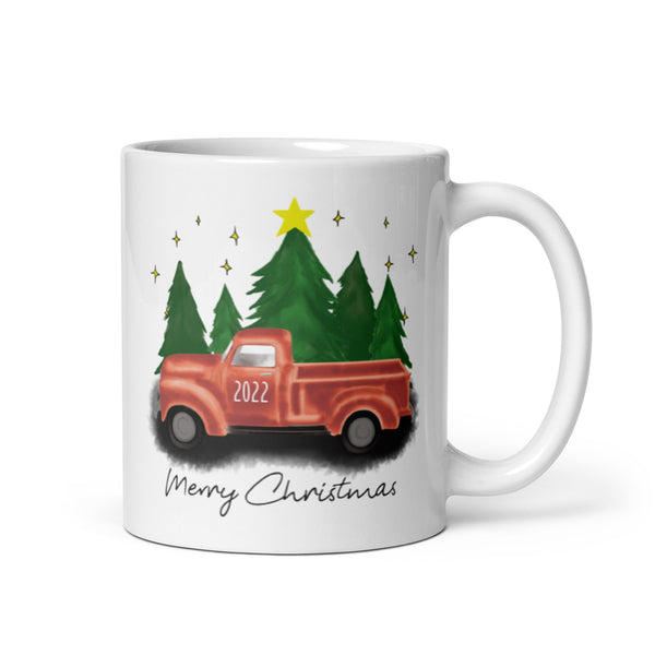MUG, Cute red CHRISTMAS TRUCK design White glossy mug, festive mug for morning coffee or hot chocolate .