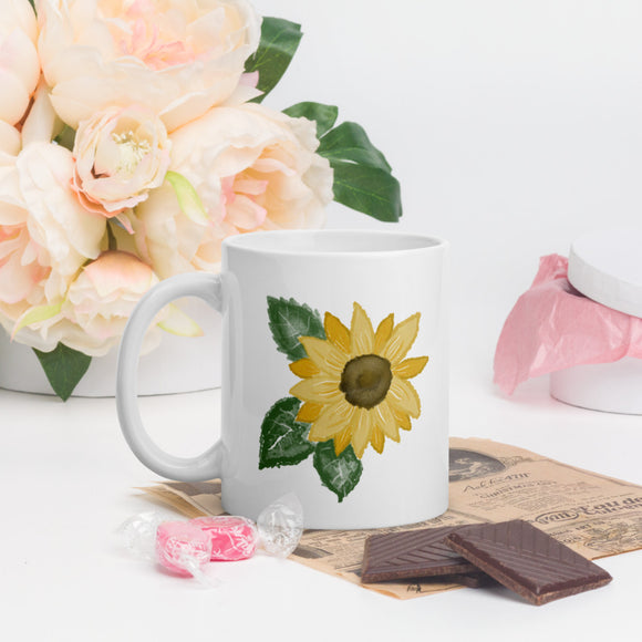 Sunflower mug, White glossy mug, gift for friend, women’s gift, flower mug
