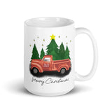 MUG, Cute red CHRISTMAS TRUCK design White glossy mug, festive mug for morning coffee or hot chocolate .